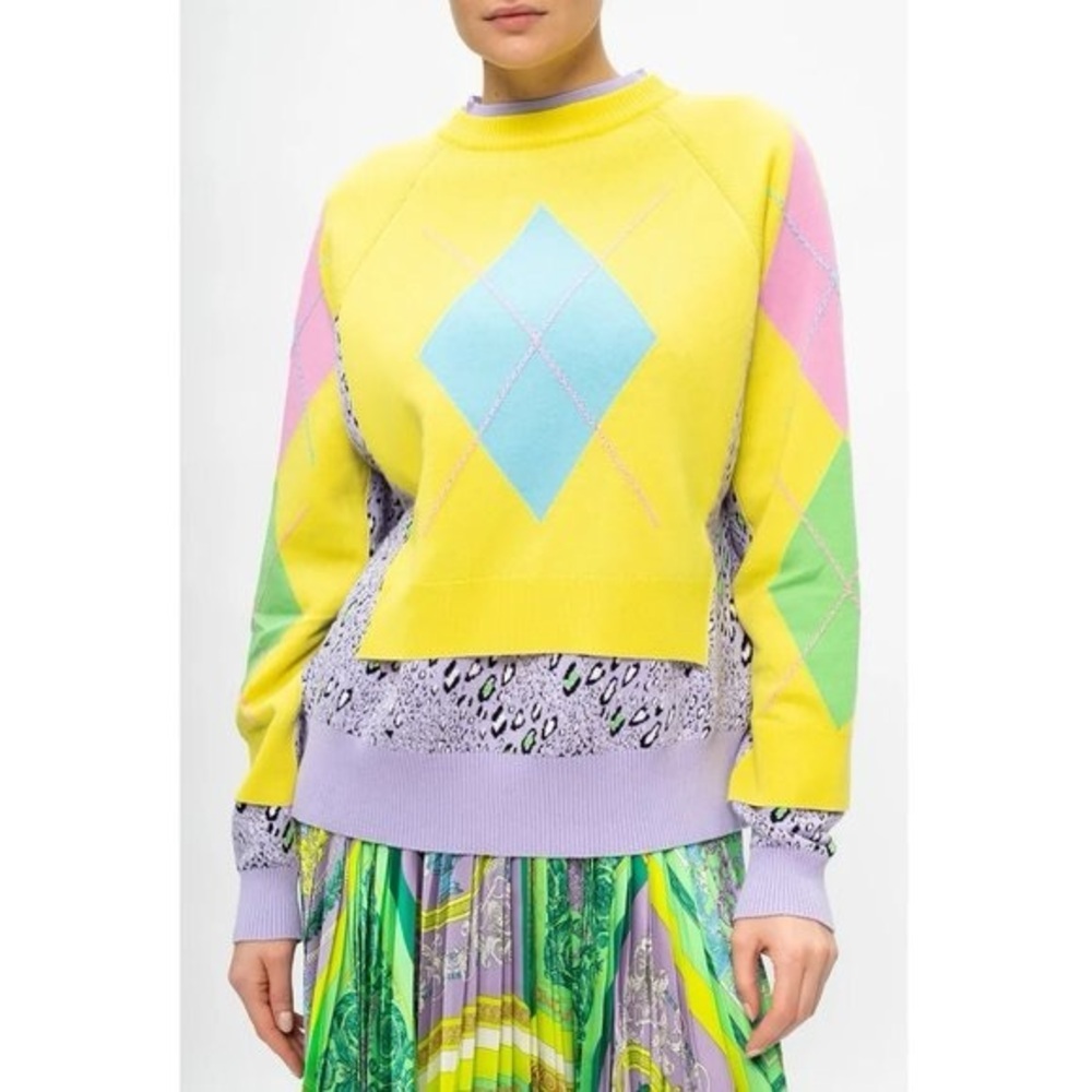 Versace Yellow and Pink Crew Neck Sweater with Geometric Design